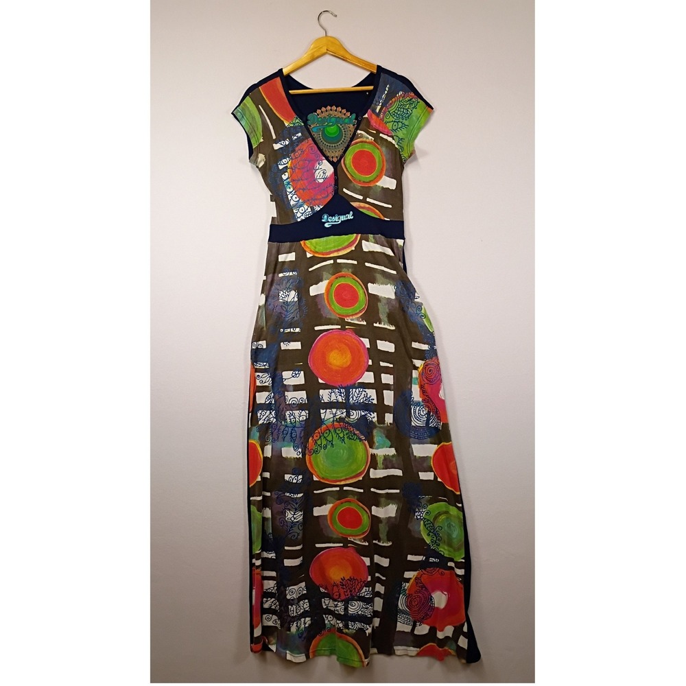 Boho Artistic Desigual Womens Size M Navy Blue Abstract Print Cotton Maxi Dress